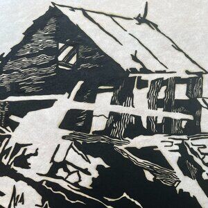 Black and White Etching of Rural Scene on Rice Paper by Nancy Valentine